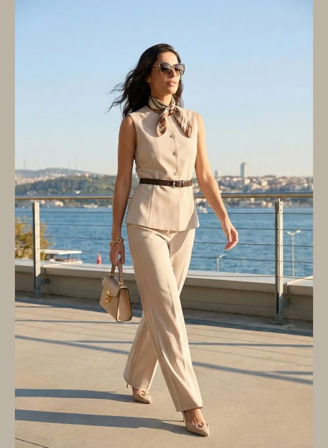 ليلا Lela Regular Fit Button Belt Detail Vest Suit Women's SET 6928891